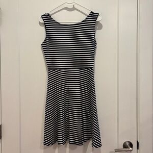 Homebody Navy Blue White Striped Skater Dress Criss Cross Back Size M